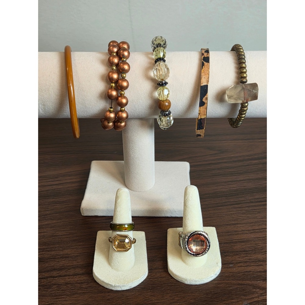 Earth Tone Jewelry Lot 8pc Leopard Cork Resin Bangles Beaded Stretch Rings Set